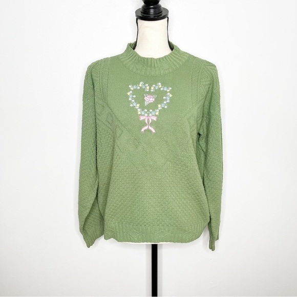 Vintage Sweaters - Vintage Liz Thomas Green High Neck Chunkyy Knit Grandma Style Sweatert Large